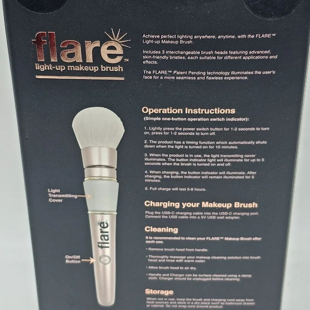 Flare Light Up Makeup Brush Rechargeable Heads Rose Gold Travel Bag USB Charger